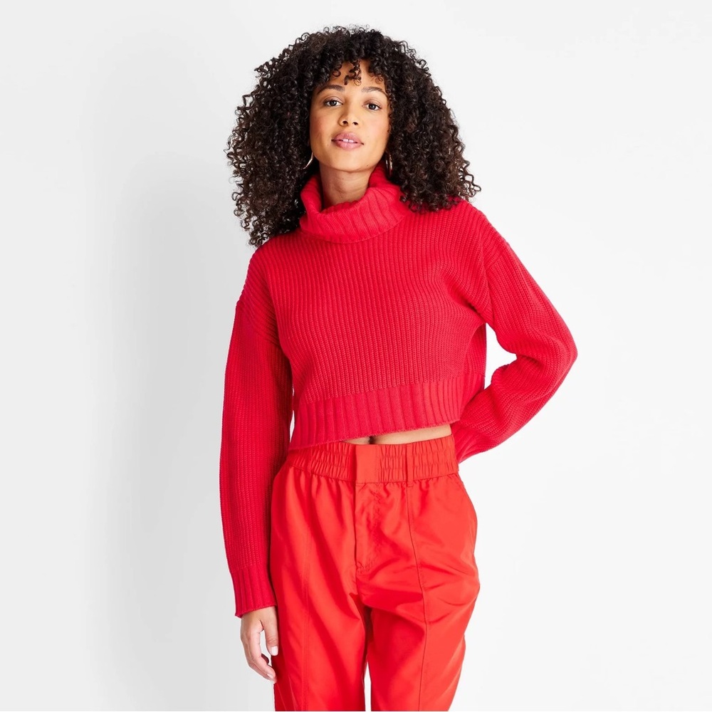 NWT Future Collective Kahlana Barfield Brown Crop Turtleneck Long Sleeve Sweater